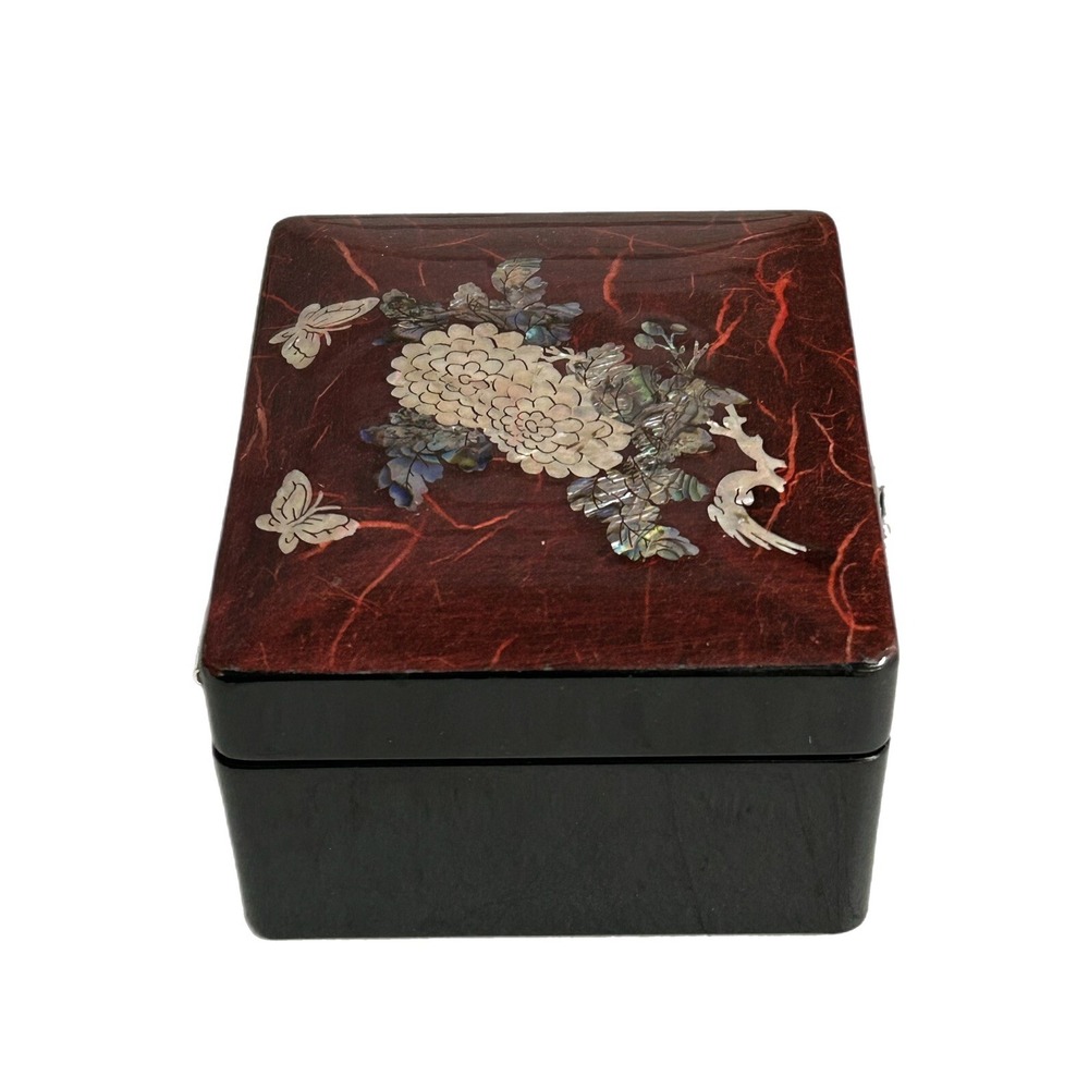 Trinket Box Lacquer Wooden Box Mother of Pearl‎ Inlay Asian Mirror Turtle Latch - Picture 4 of 13